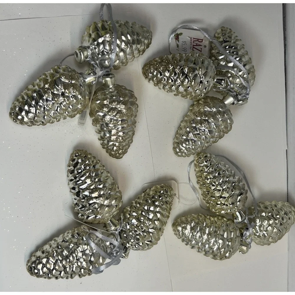 16 RAV Inports Vintage Pinecone Christmas Tree Ornaments Glitter Silver Gold NEW